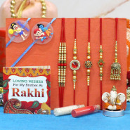 Rakhi Family Set - 3 Pearl Rakhis with Diamond, Lumba and 2 Kids Rakhis