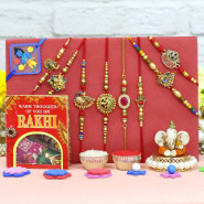 Rakhi Family Set - 2 Auspicious Rakhis with 2 Diamond, 2 Pearl, Lumba and 2 Kids Rakhis
