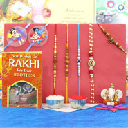 Rakhi Family Set - Mauli Rakhi with Lumba, Rudraksha, Sandalwood, Pearl and 2 Kids Rakhis