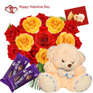 Heartfull Valentine Gift - 20 Red & Yellow Roses + Teddy 6 inch + 2 Dairy Milk + Card