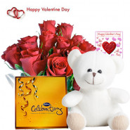 Choco with Teddy - 12 Red Roses + Cadbury Celebration + Teddy 6 inch + Card