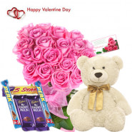 Valentine Love Treat - 12 Pink Roses + 5 Cadbury Chocolates + Teddy 6" + Card