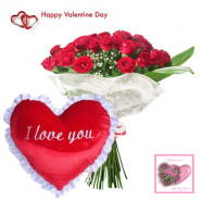 Lovable Heart - 10 Red Roses Bouquet + Heart Pillow + Card
