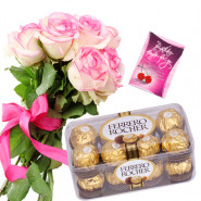 Pink Ferrero Treat - 10 Pink Roses Bunch, Ferrero Rocher 16 Pcs + Card