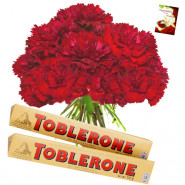 Carnation Crunch - 12 Red Carnations Bunch, 2 Toblerone + Card