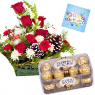 White N Red Basket -  24 Red & White Flowers Basket, Ferrero Rocher 16 Pcs + Card