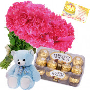 Pink Choco N Teddy - 12 Pink Carnations Bunch, Ferrero Rocher 16 Pcs, Teddy Bear 8 inch + Card
