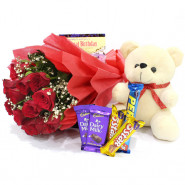 Floral Assortment - 10 Red Roses Bunch, 5 Assorted Bars, Teddy 6 inch + Card