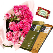 Rosy Temptation - 20 Pink Roses Bunch, 2 Cadbury Temptation + Card