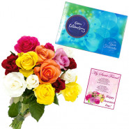 Celebrations with Love - 10 Mix Colour Roses Bunch, Cadbury Celebration + Card