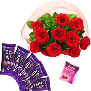 Roses N Choco Bars - 10 Red Roses Bunch, 5 Cadbury Dairy Milk + Card