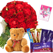 Rosy Assortment - 25 Red Roses Bunch, Assorted Cadbury Hamper, Teddy Bear 6 Inch and Card