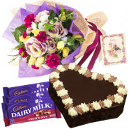 Floral Heart - 15 Roses & Carnations Bunch, 3 Fruit n Nut, Heart Shaped Chocolate Cake 1 Kg + Card