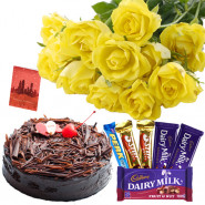 Yellow Mix - 10 Yellow Roses Bunch, Assorted Cadbury Hamper, Chocolate Cake 1/2 Kg + Card