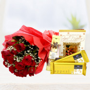 Roses n Chocolates - 12 Red Roses Bunch, 2 Temptations, Ferrero Rocher 4 Pcs + Card