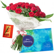 Celebrations with Roses - 35 Red Roses Bunch, Cadbury Celebration + Card