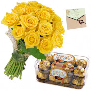 Ideal Roses - 12 Yellow Roses Bunch, Ferrero Rocher 16 Pcs + Card