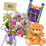 Mix Choco Teddy - 15 Mix Colour Flowers Bunch, 5 Assorted Bars, Teddy Bear 6 inch + Card