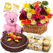 Basket Full of Gifts - 20 Mix Roses Basket, Ferrero Rocher 16 Pcs, Teddy Bear 6 inch, 1/2 Kg Chocolate Cake + Card