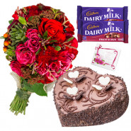 Colorful Crunch - 15 Red & Pink Roses & Red Carnations Bunch, 2 Fruit n Nut, 1 Kg Heart Shaped Black Forest Cake + Card
