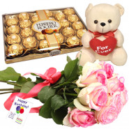 Pink Touch - 6 Pink Roses Bunch, Ferrero Rocher 24 Pcs, Teddy Bear 6 inch + Card