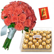 Awesome Bestowal - 20 Pink Roses Bunch, Ferrero Rocher 24 Pcs + Card