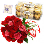 Flavor of Love - 15 Red & Pink Roses Bouquets, Ferrero Rocher 16 Pcs + Card