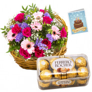 Pink Basket Chocos - 10 Pink Roses & 5 Pink Carnations Basket, Ferrero Rocher 16 Pcs + Card