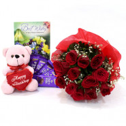 Premium Gifts - 10 Red Roses Bunch, 5 Dairy Milk , Teddy Bear 6 inch + Card