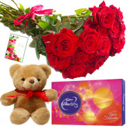 Tribute of Bonding - 18 Red Roses Bunch, Cadbury Celebration, Teddy Bear 6 inch + Card