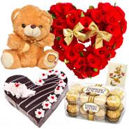 Accomplished - 50 Red Roses Heart Shaped Arrangement, Ferrero Rocher 16 Pcs, Teddy Bear 6 inch, 1 Kg Heart Shaped Black Forest Cake + Card