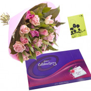 Prize of Surprise - 10 Pink Roses Bunch, Cadbury Celebration + Card