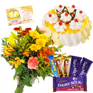 Richness of Love - 12 Mix Flowers Bunch, Assorted Cadbury Hampe, Pineapple Cake 1/2 kg + Card