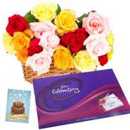 Fondness - 15 Mix Roses Basket, Cadbury Celebration + Card