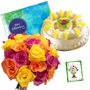 Pina Choco Magic - 18 Mix Roses Bunch, Cadbury Celebration, Pineapple Cake 1/2 kg + Card