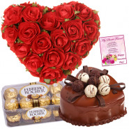 Strong Affection - 40 Red Roses Heart Shaped Arrangement Basket, Ferrero Rocher 16 Pcs, 1 Kg Heart Shaped Black Forest Cake + Card