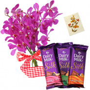 Soft as Silk - 6 Orchids Bunch, 3 Cadbury Silk + Card