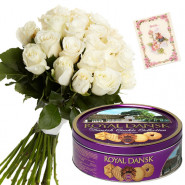 White Crunch - 18 White Roses Bunch, Danish Butter Cookies 454 gms + Card