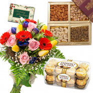 Assorted Crunch - 12 Mix Flowers Bunch, Ferrero Rocher 16 Pcs, Assorted Dry Fruits 200 gms + Card