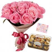 Red Ferrero Treat - 12 Pink Roses Bunch, Ferrero Rocher 16 Pcs + Card
