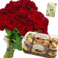 Carnation N Ferrero - 6 Red Carnations, Ferrero Rocher 16 Pcs + Card