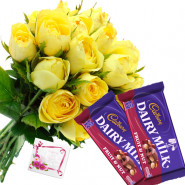 Yellow Nutty - 6 Yellow Roses Bunch, 2 Cadbury Fruit N Nut + Card