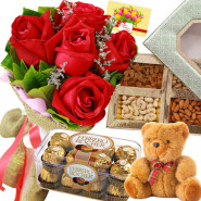Munchy Gift - 10 Red Roses Bunch, Ferrero Rocher 16 Pcs, Teddy 6 inch , Assorted Dry Fruits in a Basket + Card