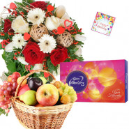 Fruity Celebration - 20 Red & White Roses and Gerberas Bunch, Cadbury Celebrations, 2 kgs Fresh Fruits Basket + Card