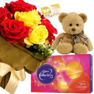 Teddy Celebration - 10 Red & Yellow Roses Bunch, Cadbury Celebration Chocolate, Teddy Bear 6 inch + Card