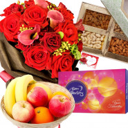 Fresh Fruity Treat - 10 Red Flowers Bunch, Cadbury Celebrations, 1 kg Fresh Fruits Basket, Assorted Dry Fruits 200 gms + Card