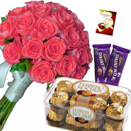 Roses & Choco Assortment - 14 Pink Roses, Ferrero Rocher 16 Pcs, 2 Dairy Milk Chocolates + Card