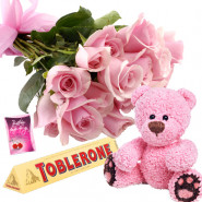 Teddy Crunch - 10 Pink Roses Bunch, Toblerone, Teddy 6 inch + Card