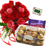 Red N Pink Combo - 12 Red & Pink Roses Bunch, Ferrero Rocher 16 Pcs, Fruit N Nut + Card