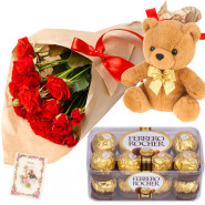 Phase with Love - 15 Red Roses Bunch, Ferrero Rocher 16 Pcs, Teddy 6 inch + Card